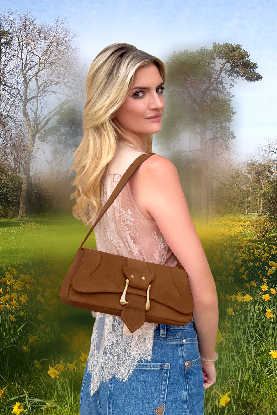 Caramel brown women's dress handbag, matching pumps and belts. Top view - Florence KOOIJMAN